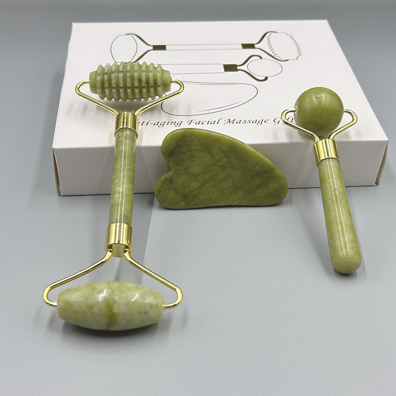 OEM/ODM Rose Quartz Jade Roller Facial Stone Massager Set με ορό λάδι και Gunsha